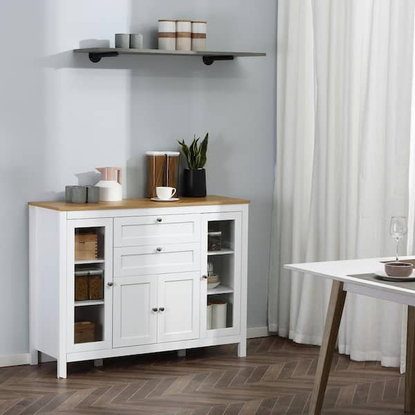 HOMCOM 47 Modern Buffet Cabinet, Storage Sideboard with Glass Door, Pull-Out Drawers and Adjustable Shelving for Kitchen - White