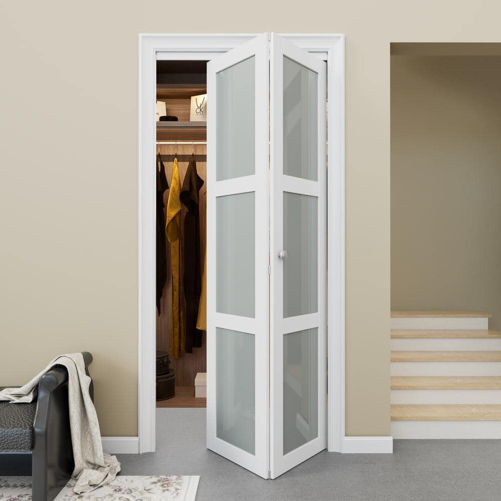 36 in. x 80 in. White Primed MDF Bi-Fold Door with Frosted Glass Panels