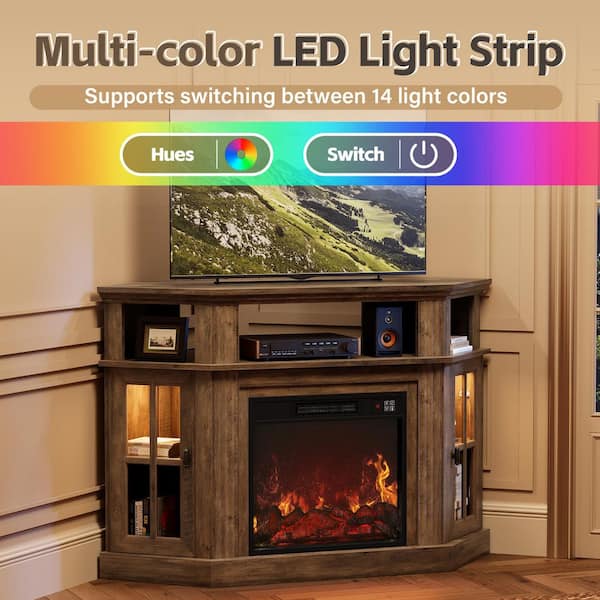 47 in. Walnut Corner TV Stand with Fireplace and LED Lights Fits TV's up to 55 in.
