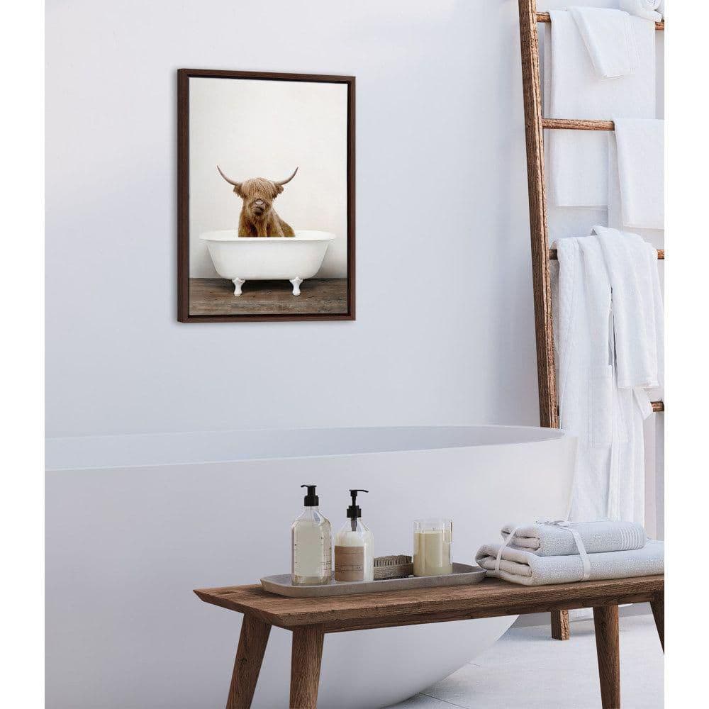 Highland Cow in Tub Brown and White Framed Canvas Print