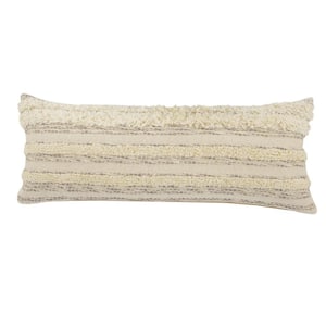 Textured Cream / Gray/ Gold Striped Tufted Soft Poly-Fill 14 in. x 36 in. Indoor Throw Pillow
