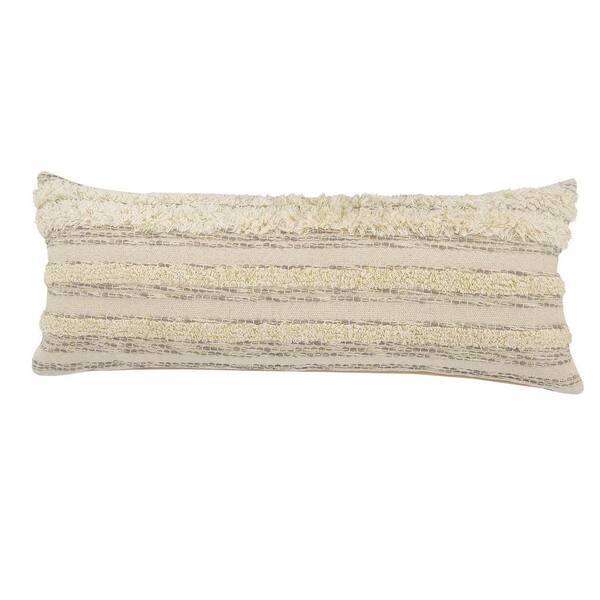 LR Home Textured Cream / Gray/ Gold Striped Tufted Soft Poly-Fill 14 in. x 36 in. Indoor Throw Pillow