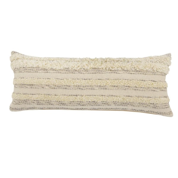 Unbranded Textured Cream / Gray/ Gold Striped Tufted Soft Poly-Fill 14 in. x 36 in. Indoor Throw Pillow