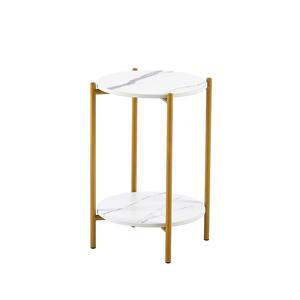 2-Layer 14.1 in. White Round-Top Faux Marble End Table with Metal Frame
