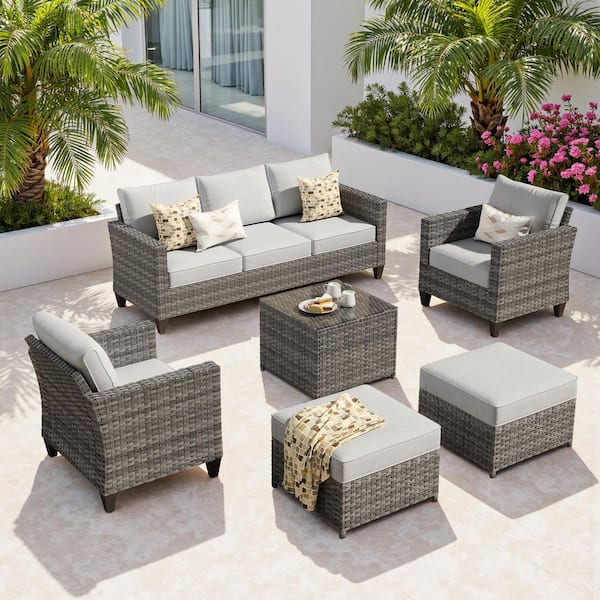Camden 6-Piece Wicker Outdoor Patio Furniture Patio Conversation Set with Light Gray Cushion, Ottoman and Coffee Table