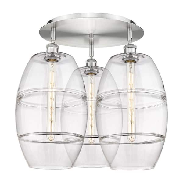 Vaz 21.75 in. 3-Light Satin Nickel Industrial Flush Mount with Clear Glass Shade