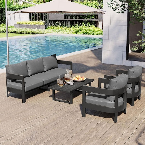 Harper & Bright Designs 4-Piece Metal Patio Conversation Set with Thick, Gray Cushions and Center Table