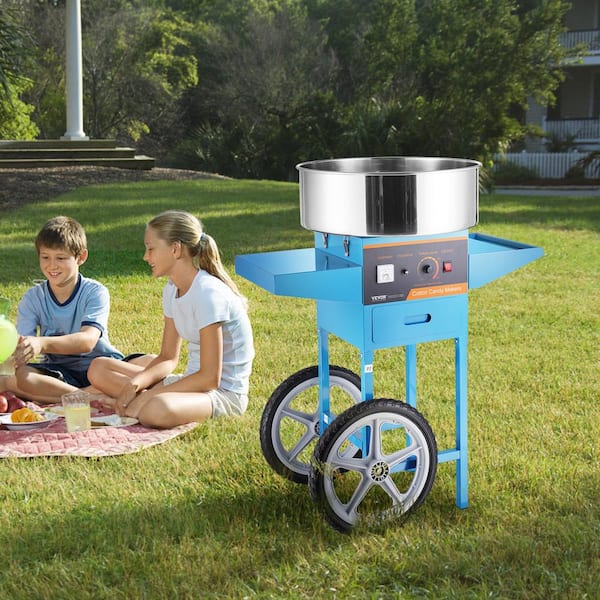 Electric Cotton Candy Machine with Cart 1000W Commercial Candy Floss Maker with Stainless Steel Bowl, Drawer, Blue
