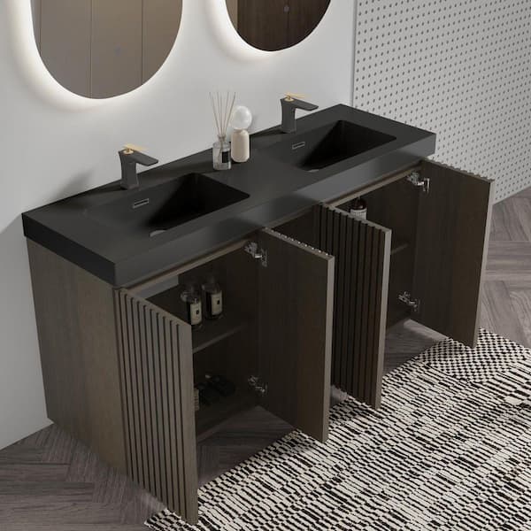 FAMYYT 60 in. Large Storage Double Sink Freestanding Walnut Bath
