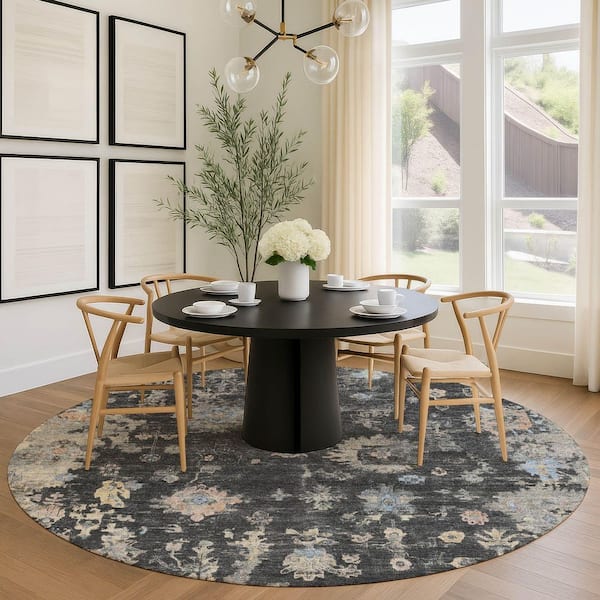 Chantille Machine Washable Indoor/Outdoor Abstract ACN2302 Charcoal 8 ft. x 8 ft. Round Rug