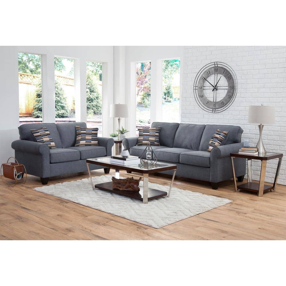 Blue Linen Rolled Arm Sofa with Removable Cushions