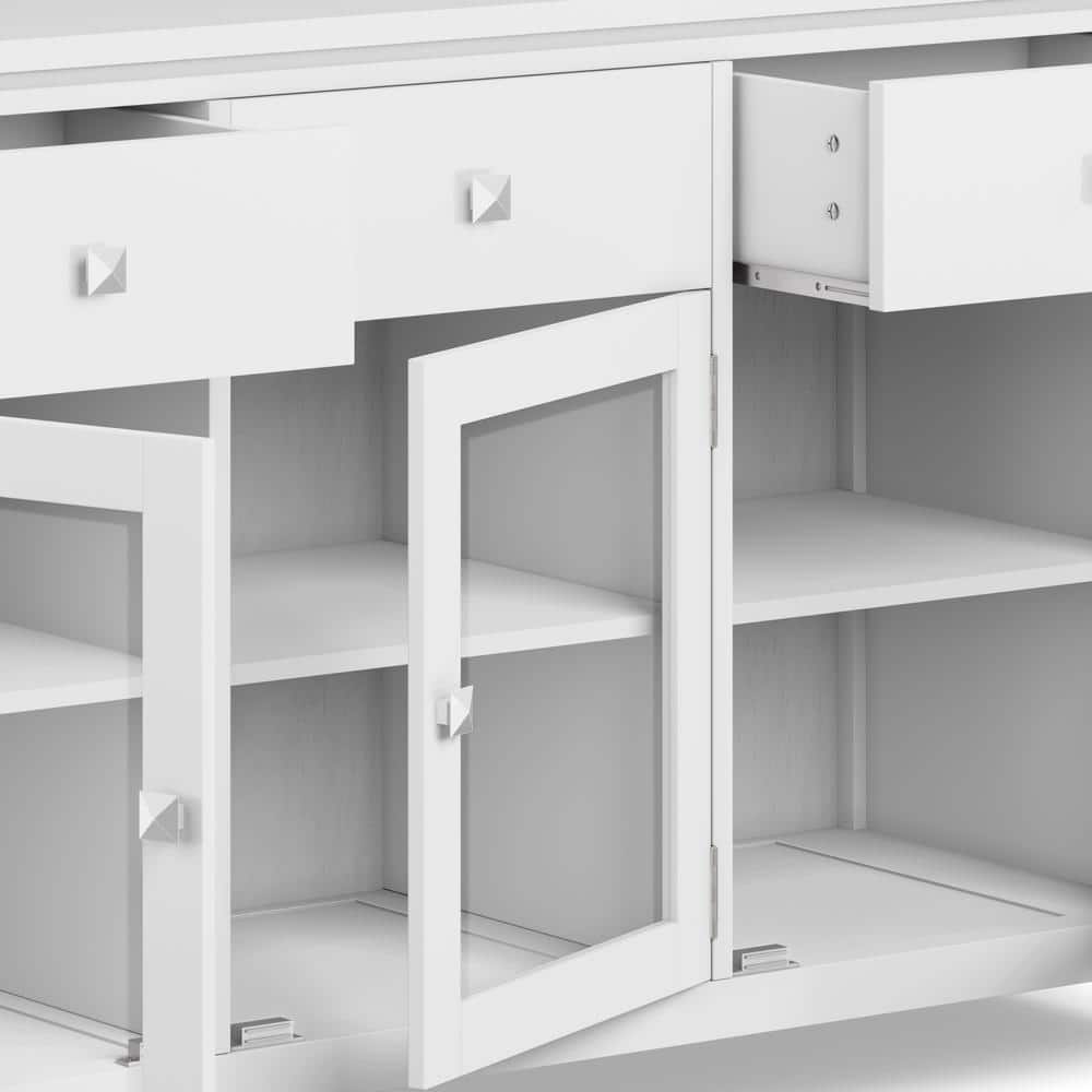 Detailed view of the open drawers and cabinets of a white solid wood sideboard buffet.
