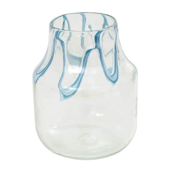 Litton Lane 10 in. Cream Glass Abstract Decorative Vase with Wavy Blue Design