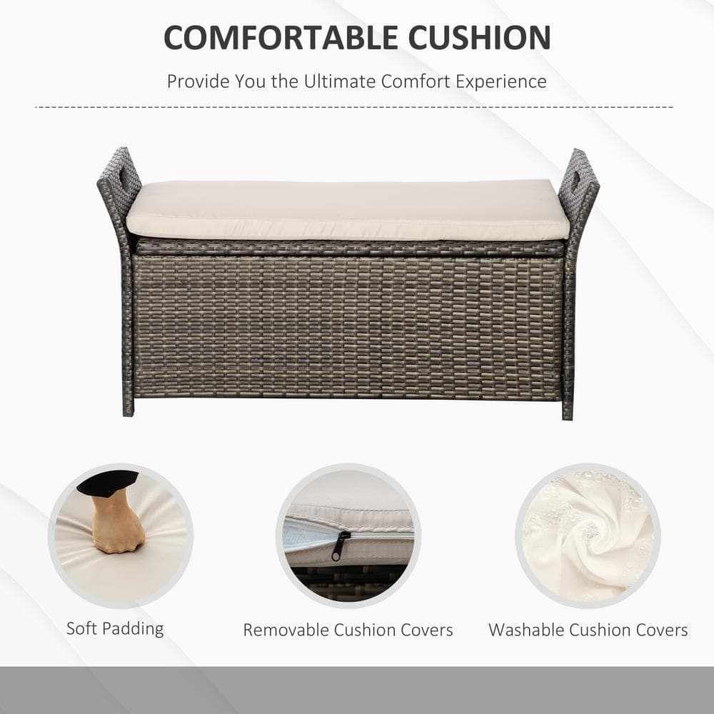 Cream White PE Wicker Outdoor Storage Bench with Cushion