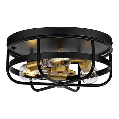 13.8 in. 3-Light Matte Black Flush Mount with Metal Shade and No Bulbs Included Home