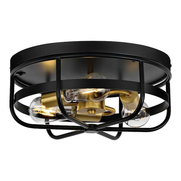 JAZAVA 13.8 in. 3-Light Matte Black Flush Mount with Metal Shade and No Bulbs Included