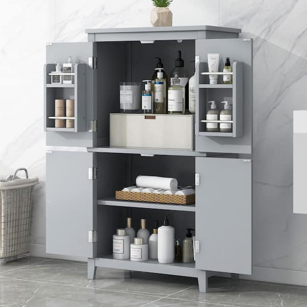 Ellery Grey Wood 43.3 in. Elegant Bathroom Floor Storage Cabinet with 4 Doors and Adjustable Shelves