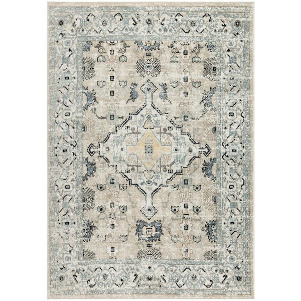 Nourison Washable Decor Taupe Blue 8 ft. x 10 ft. Center medallion Traditional Area Rug
