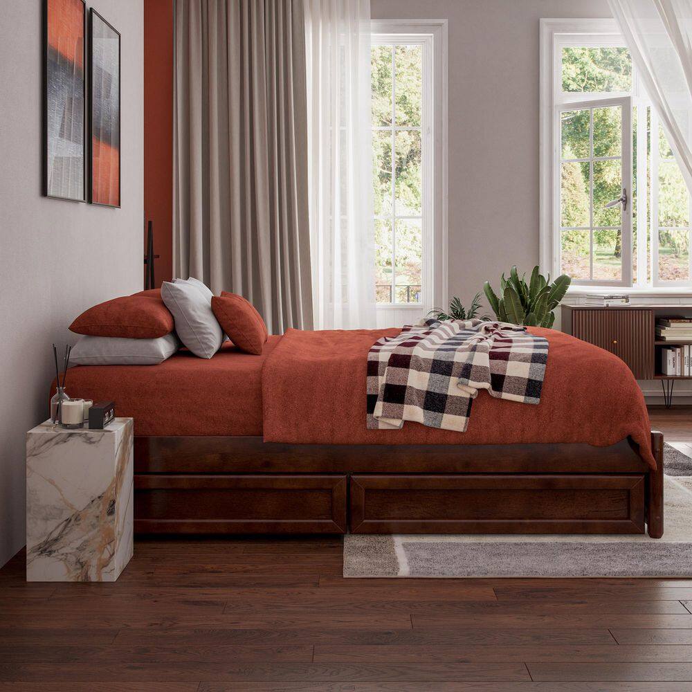Barcelona Walnut Full Wood Panel Platform Bed with Storage Drawers