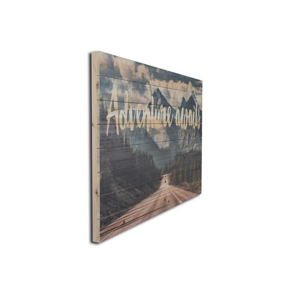Adventure Awaits Mountains Planked Wood Travel Art Print 24 in. x