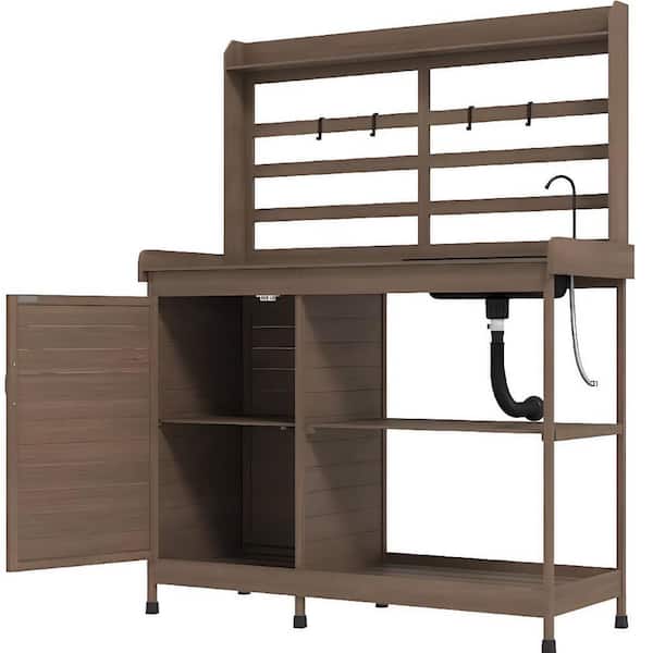 44 in. W x 57.5 in. H Dark Brown Wood Potting Bench with Storage, Sink, Water Tap for Backyard, Patio, Balcony
