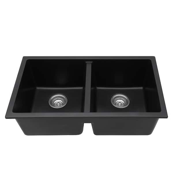 Loile 33 in. L Undermount Double Bowl Black Granite Composite Kitchen Sink with Grid, Strainer and Rack