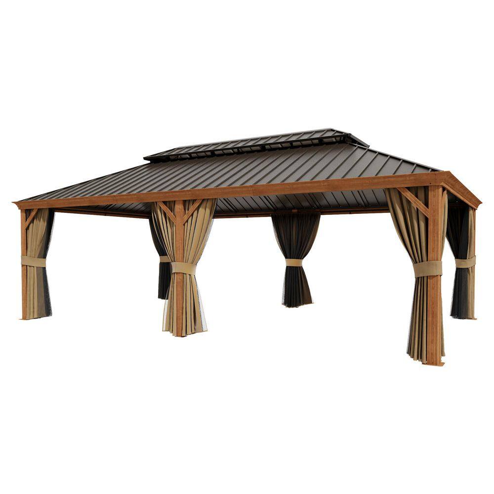 14 ft. x 24 ft. Aluminum Wood-Grain Frame Hardtop Gazebo Double Iron Roof Gazebo with Mesh and Curtains. price history on PriceWatchPro