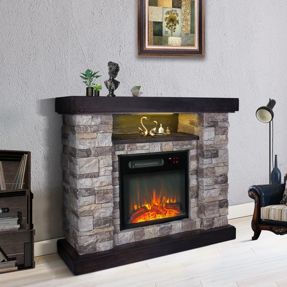 39" Gray Faux Stone Freestanding Electric Fireplace with LED Shelf
