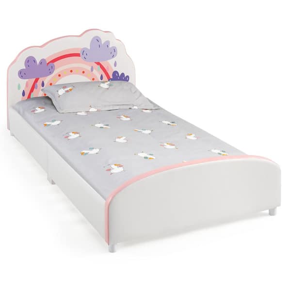 Costway White Kids Upholstered Platform Bed Children Twin Size Wooden Bed Rainbow Pattern
