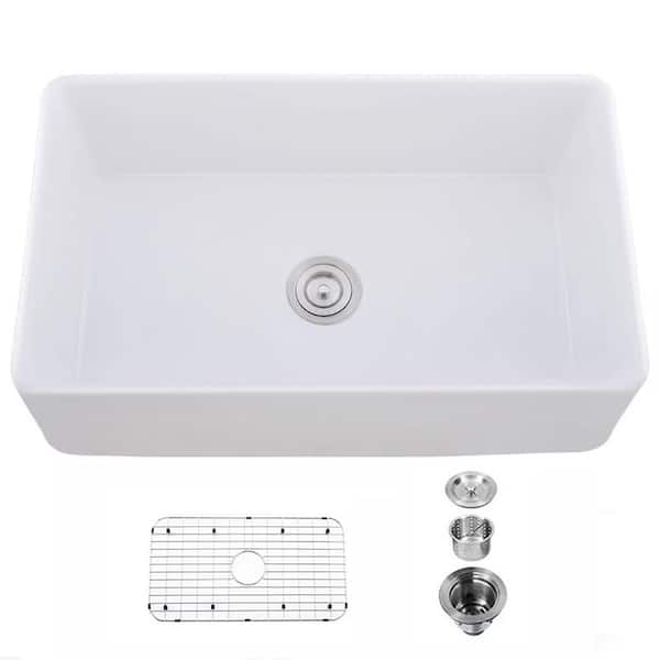30 in. Farmhouse Single Bowl White Ceramic Kitchen Sink with Bottom Grids