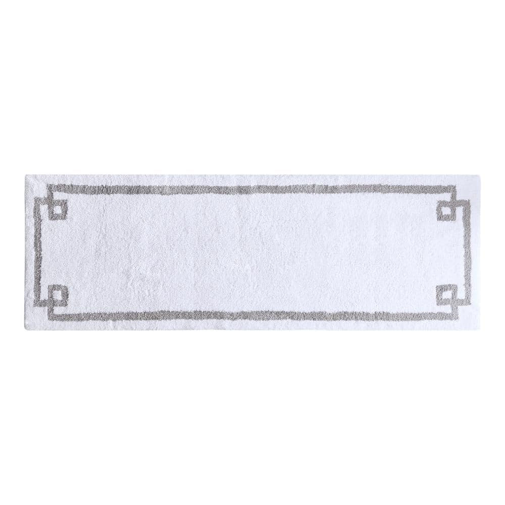 White and Gray Cotton Tufted Bath Rug with Geometric Border
