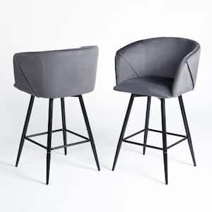 Aldridge SW 25.8 in. Grey Velvet High Back Metal Swivel Bar Stool with Armrest and Black Legs (Set of 2)