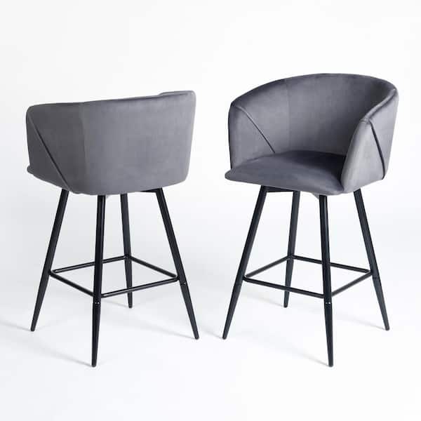 Homy Casa Aldridge SW 25.8 in. Grey Velvet High Back Metal Swivel Bar Stool with Armrest and Black Legs (Set of 2)