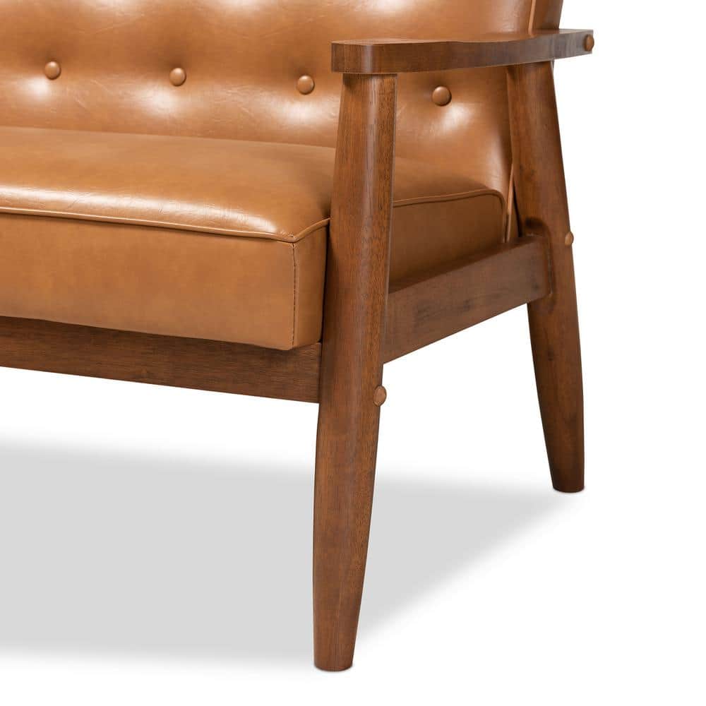 Mid-Century Walnut Brown Tufted Faux Leather Sofa