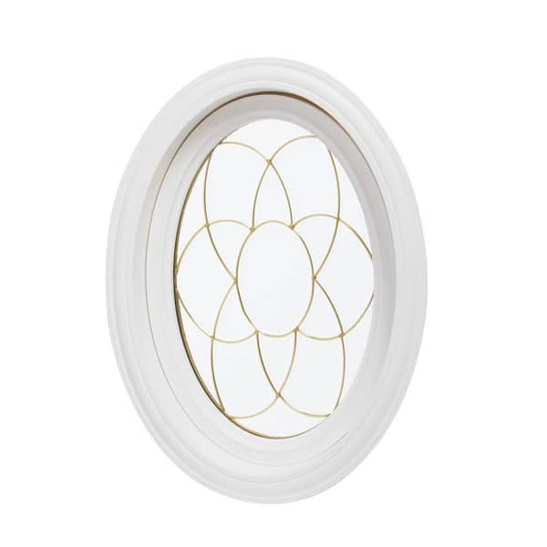 TAFCO WINDOWS 20 in. x 28.5 in. Oval Decorative Picture Vinyl Window in Gold Design, White