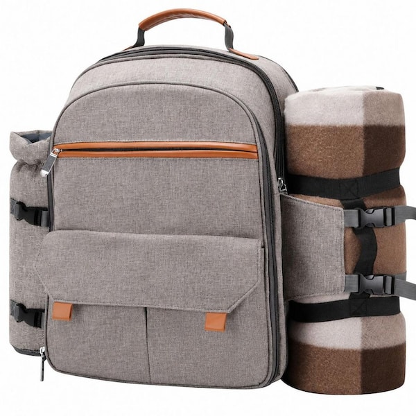 Brush Beige 4-Person Insulated Picnic Backpack Set with Waterproof Pouch and Table Setting Kit for 4