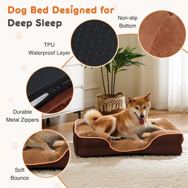 ATENGNES Medium Brown Memory Foam Pet Bed for Small Dogs and Cats with Washable Removable Cover Non Slip Base Waterproof Liner