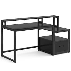Halseey 59 in. Rectangular Black Particle Board One Drawer Reversible Computer Desk with Monitor Stand and Storage Shelf