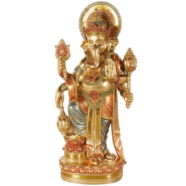 Litton Lane Gold 12 in. x 27 in. Resin Ganesh Sculpture with Green, Blue, and Red Accents