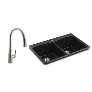 Kennon Drop-in/Undermount Granite Composite 33 in. Double Bowl Kitchen Sink with Simplice Kitchen Faucet in Matte Black