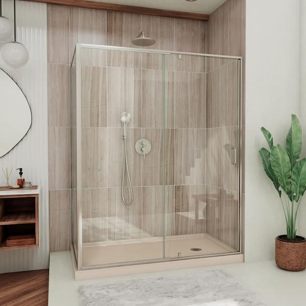 DreamLine Flex 48 in. x 72 in. Semi-Frameless Pivot Shower Door Pan in Brushed Nickel Finish with 48 in. x 36 in. Base in Biscuit