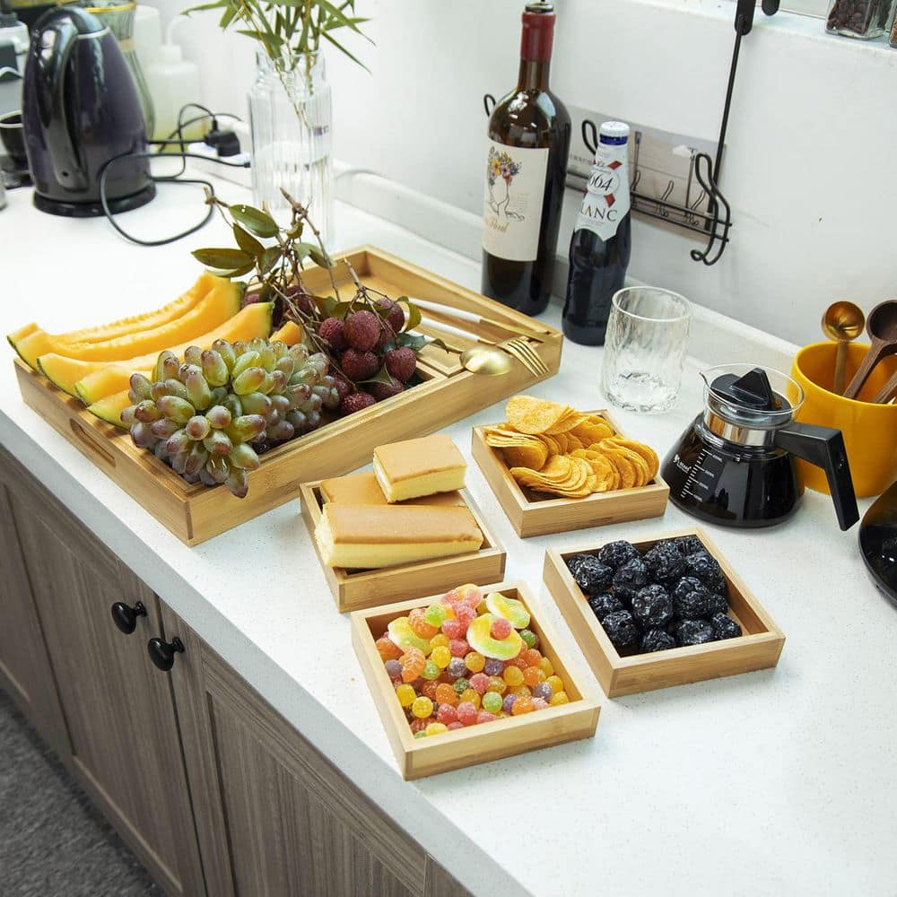 Rustic Wooden Serving Trays with Handle, Rectangular Platters for Entertaining, Breakfast, Beige (7-Pack) price history on PriceWatchPro