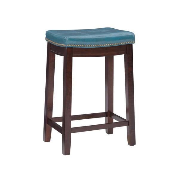 Linon Home Decor Concord 26.5 in. Dark Brown and Blue Backless Wood Counter Stool with Faux Leather Seat