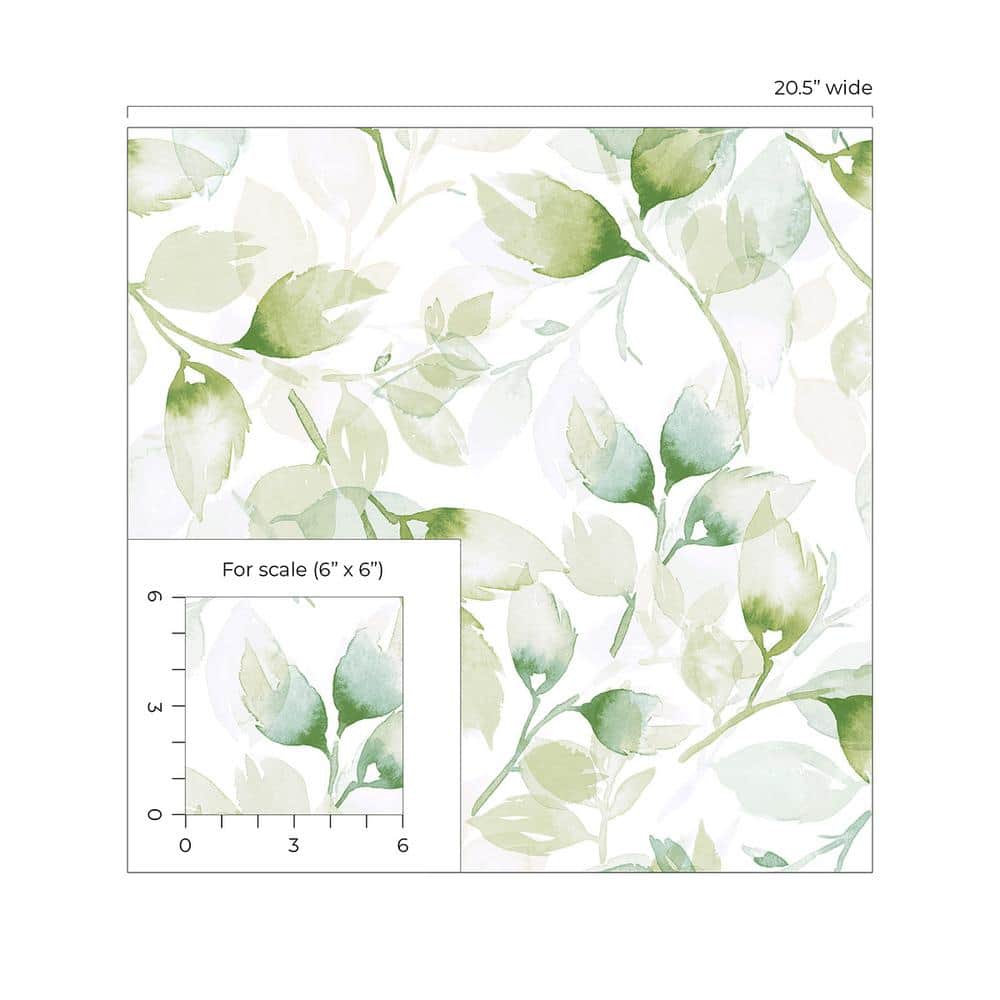 Green Ivy Watercolor Tossed Leaves Peel and Stick Vinyl Wallpaper