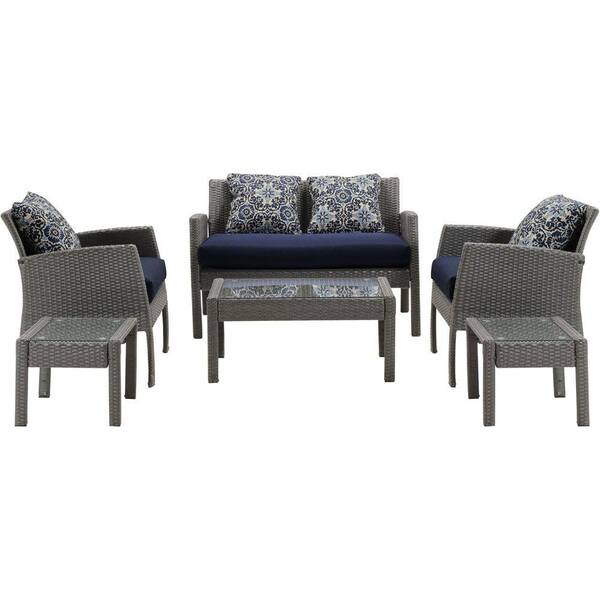 Hanover Chelsea 6-Piece Space-Saving Patio Deep Seating Set with Navy Blue Cushions