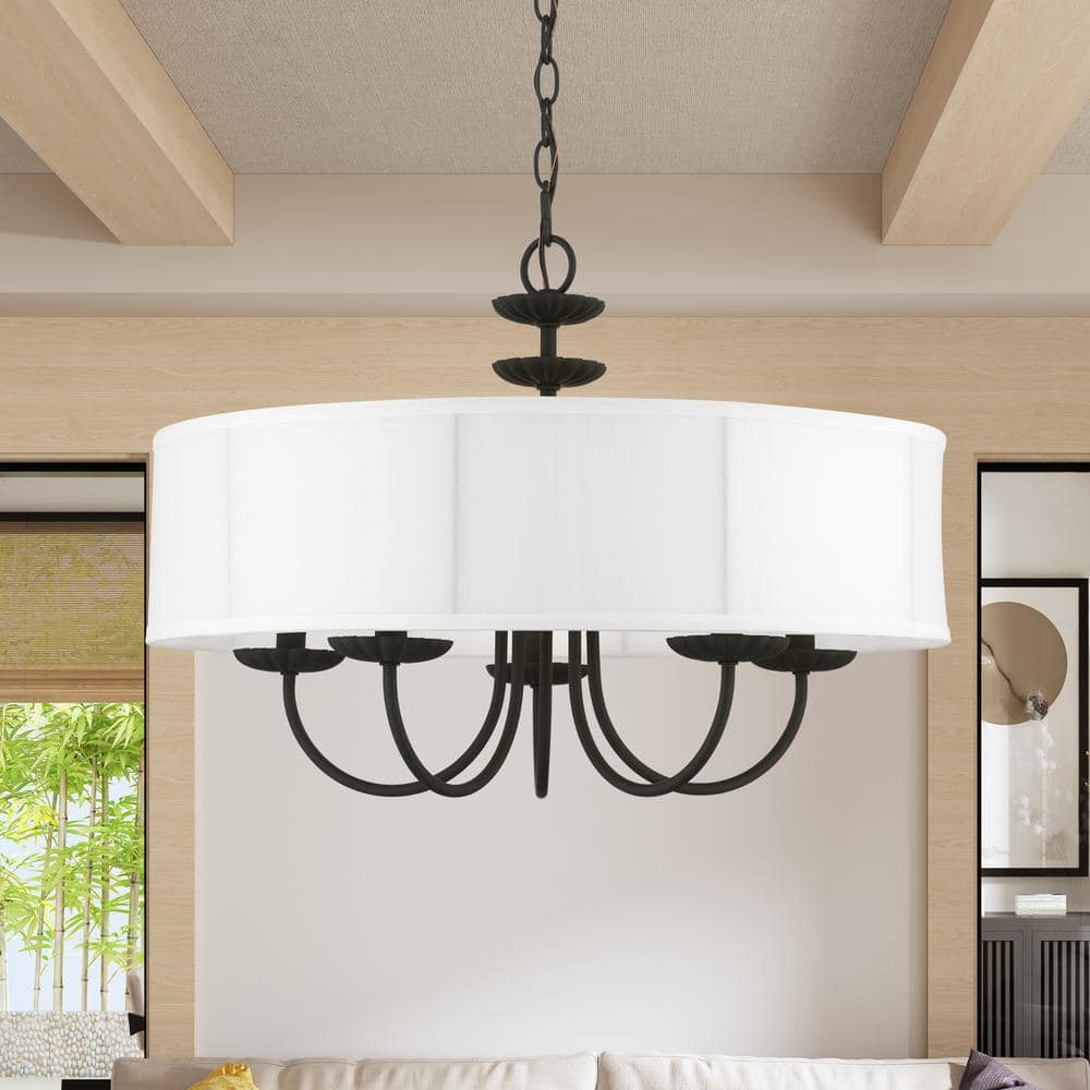 Brookdale Black Steel 5-Light Drum Pendant with Off-White Shade