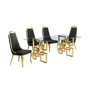 Dominga 5-Piece Glass Top with Gold Stainless Steel Set with 4 Black Velvet Chairs.
