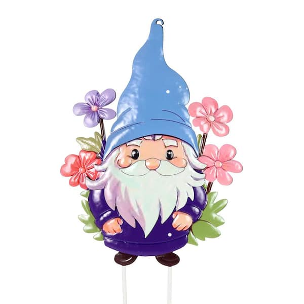 Exhart Colorful Gnome Hand Painted with Pastel Flowers 2.0 ft. MultiColor Metal Garden Stake