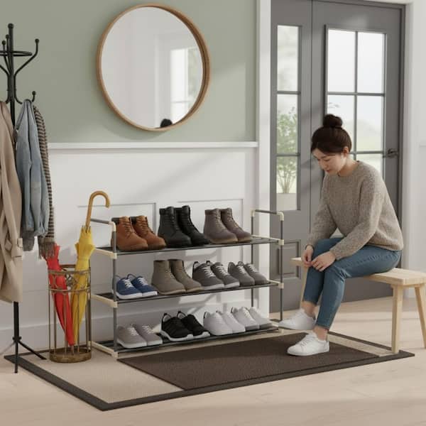 HOME-COMPLETE 21.2 H 18-Pair 3-Tier Gray Plastic Shoe Rack