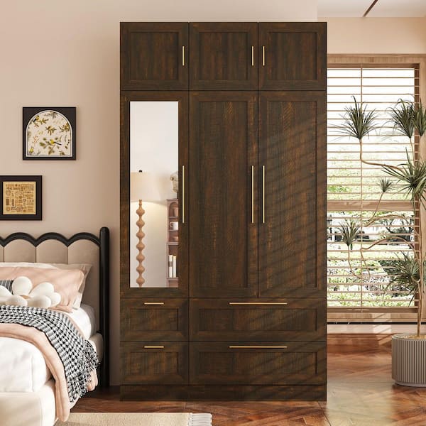 Brown Walnut Wooden 47 in. Armoire, Wardrobe with 4-Drawers, 6-Shelves, 1-Hanging Bar, 1-Mirrored Door & 5-Normal Doors